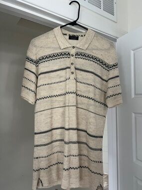 SZ XL Zara Men's Cream Short-Sleeve Knit Polo Sweater with Navy Pattern